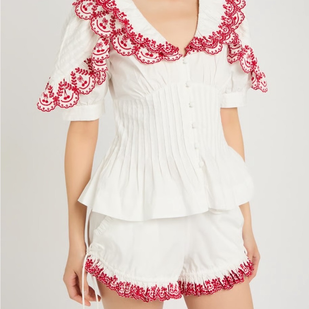 Chic White Set with Red Embroidery